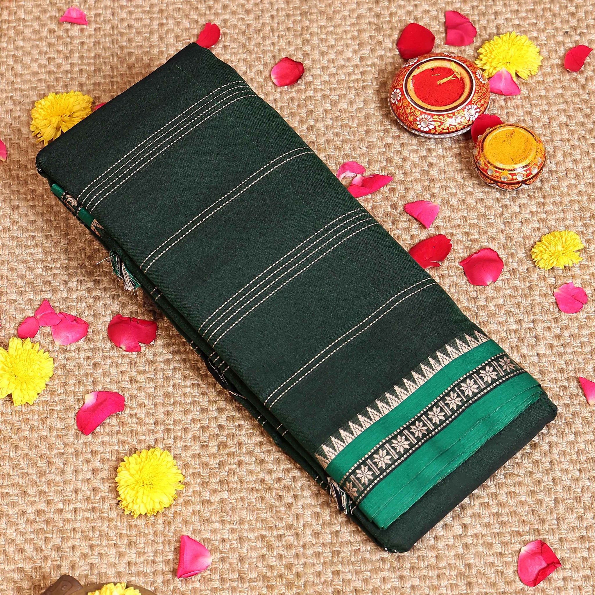 Elegant Handloom Narayanpet Cotton Saree Contrast Border and Fine Stripe Details  - Green