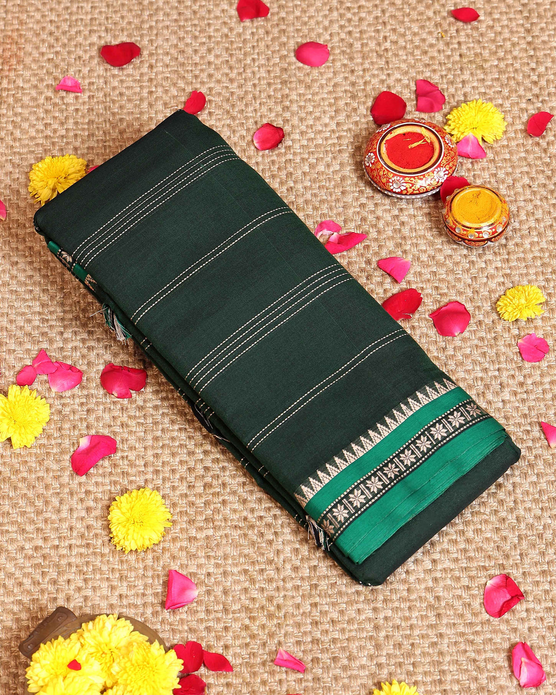 Elegant Handloom Narayanpet Cotton Saree Contrast Border and Fine Stripe Details  - Green