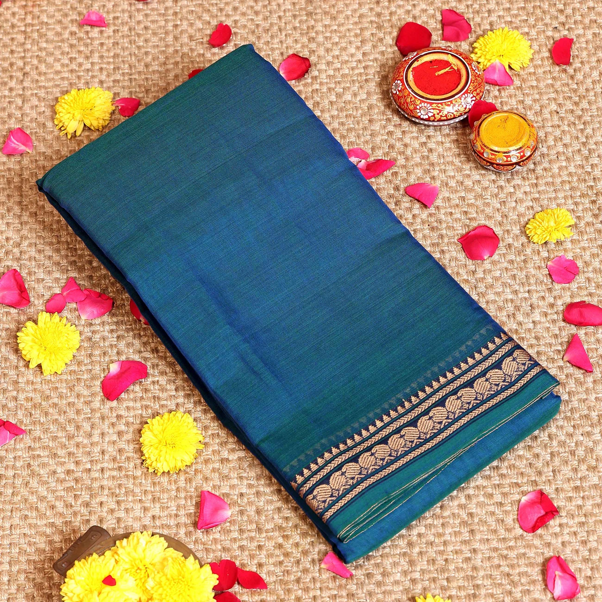 Elegant Handloom Narayanpet Cotton Saree with Traditional Temple Border - Teal