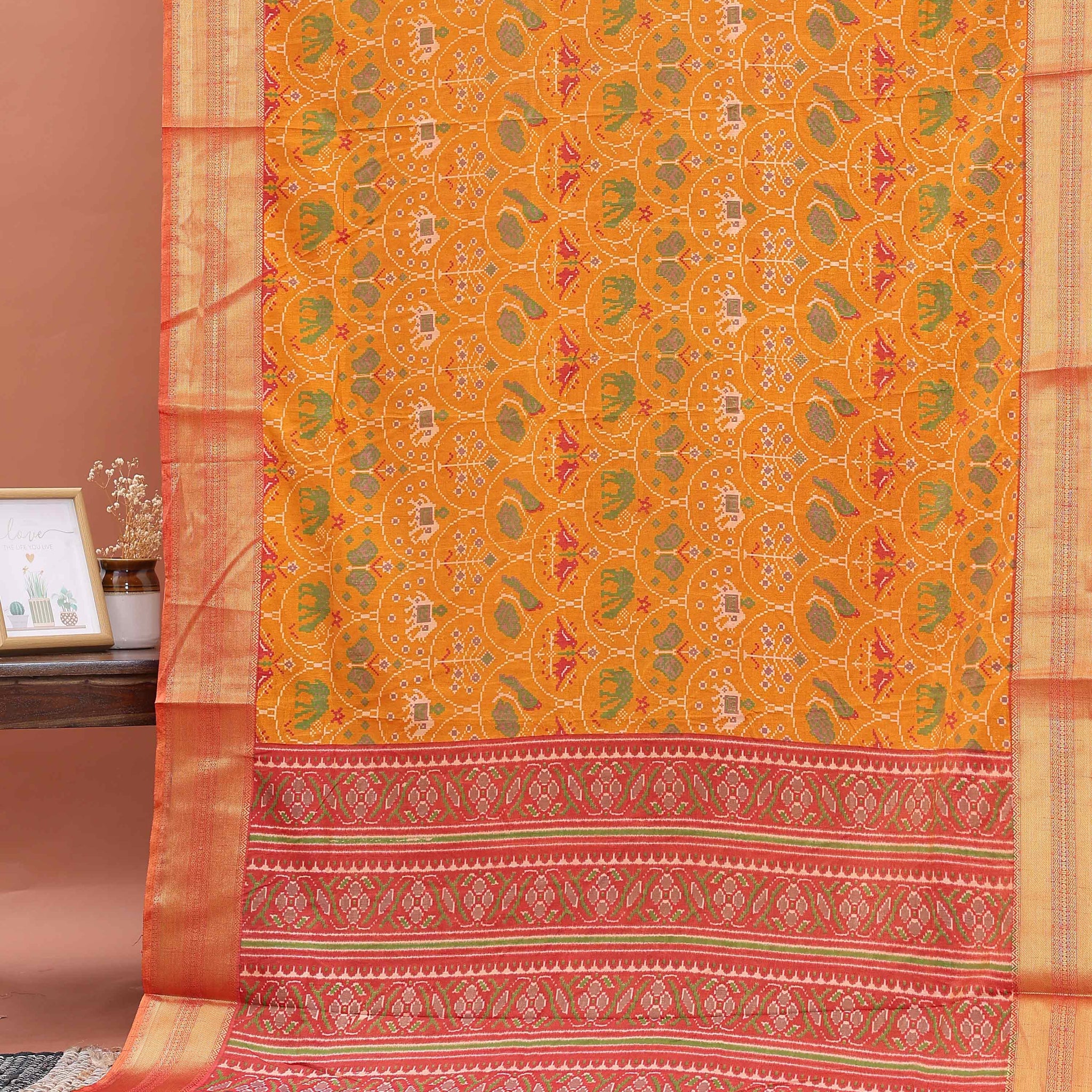 Handloom Patola Semi-Silk Saree with Intricate Border and Pallu - Orange