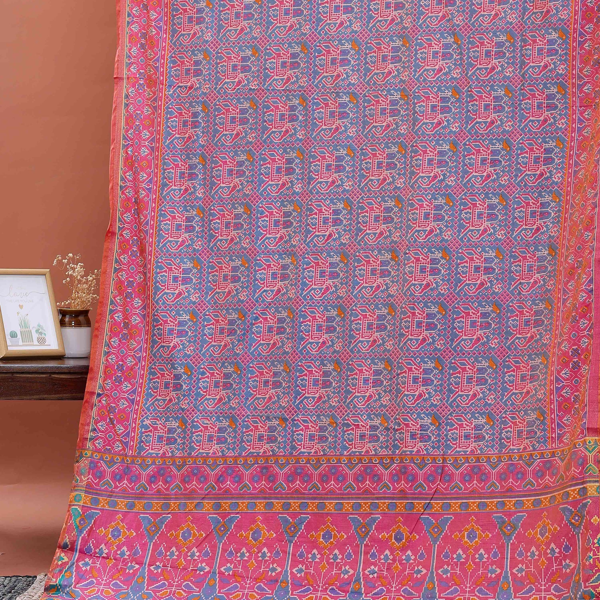 Handloom Patola Semi-Silk Saree with Intricate Geometric and Floral Motifs - Blue