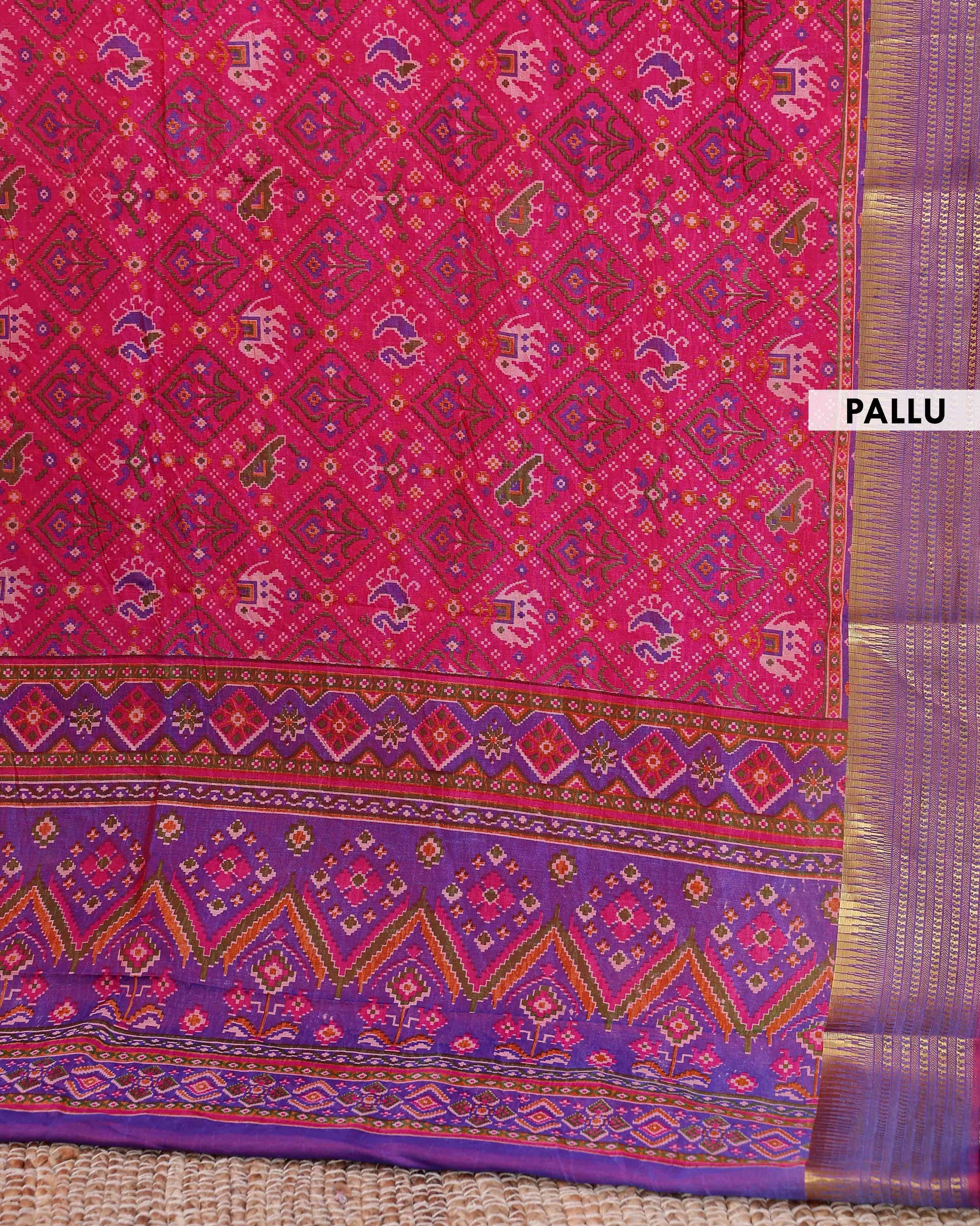 Handloom Patola Semi-Silk Saree with Intricate Ikat Weave and Zari Border - Pink-pallu