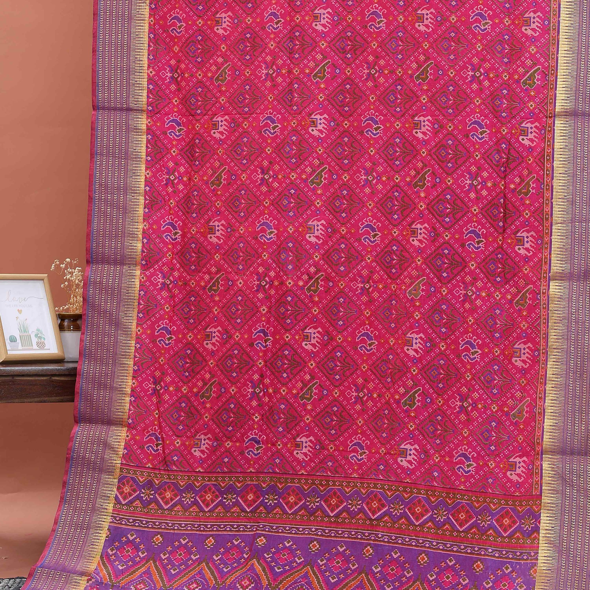 Handloom Patola Semi-Silk Saree with Intricate Ikat Weave and Zari Border - Pink