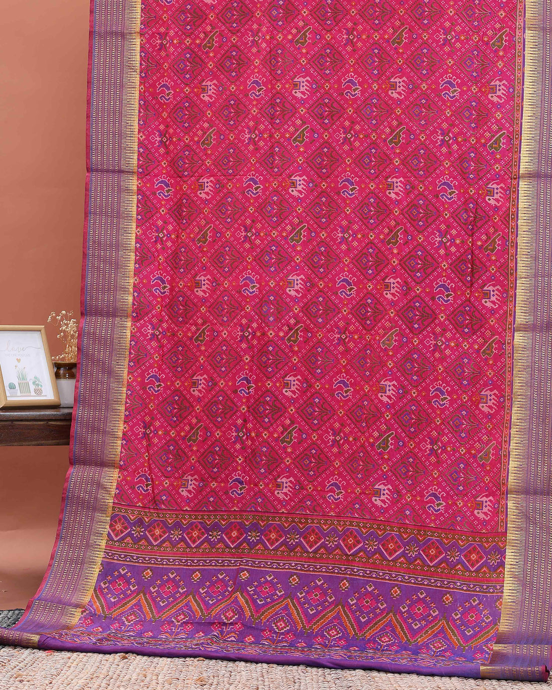 Handloom Patola Semi-Silk Saree with Intricate Ikat Weave and Zari Border - Pink