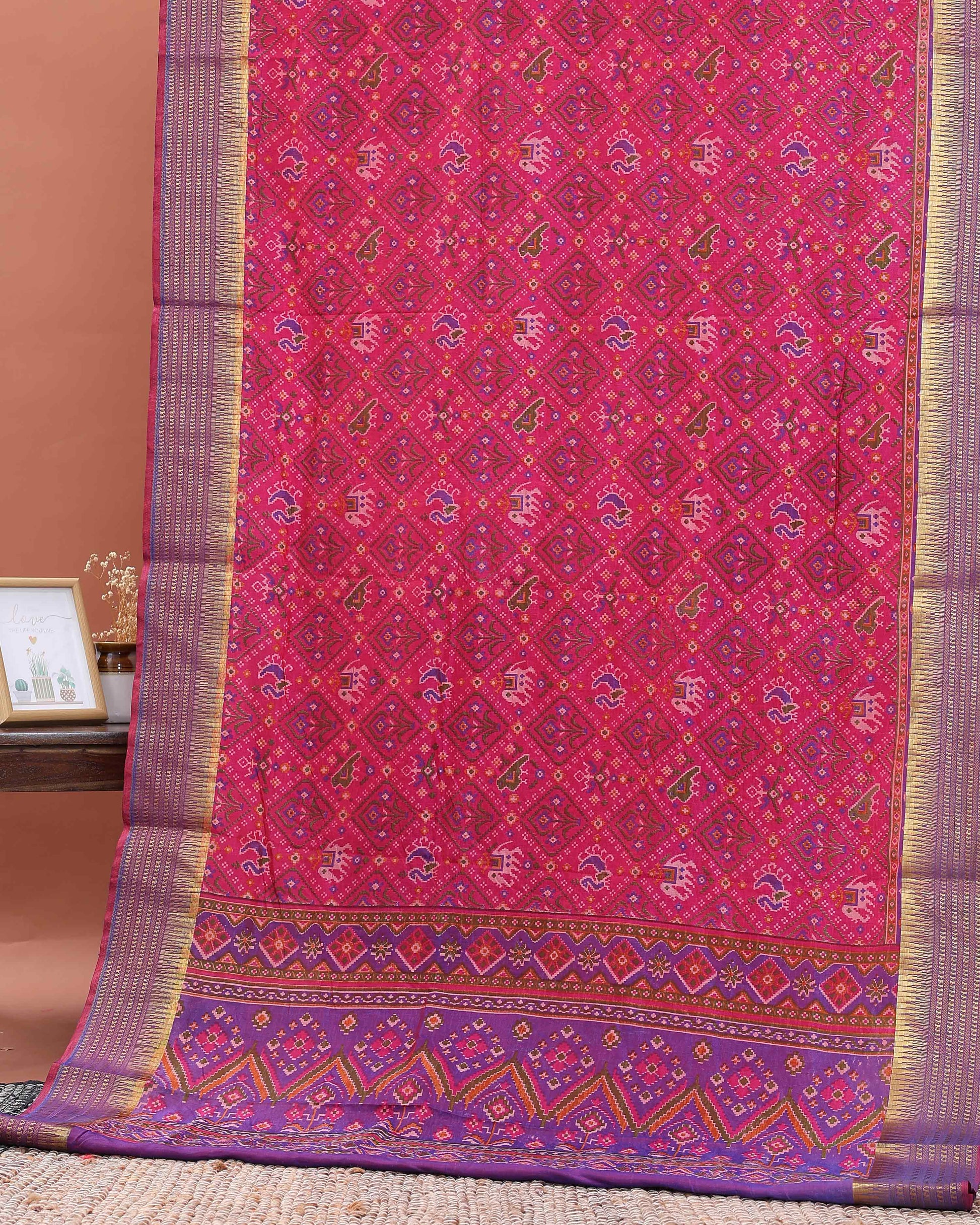 Handloom Patola Semi-Silk Saree with Intricate Ikat Weave and Zari Border - Pink