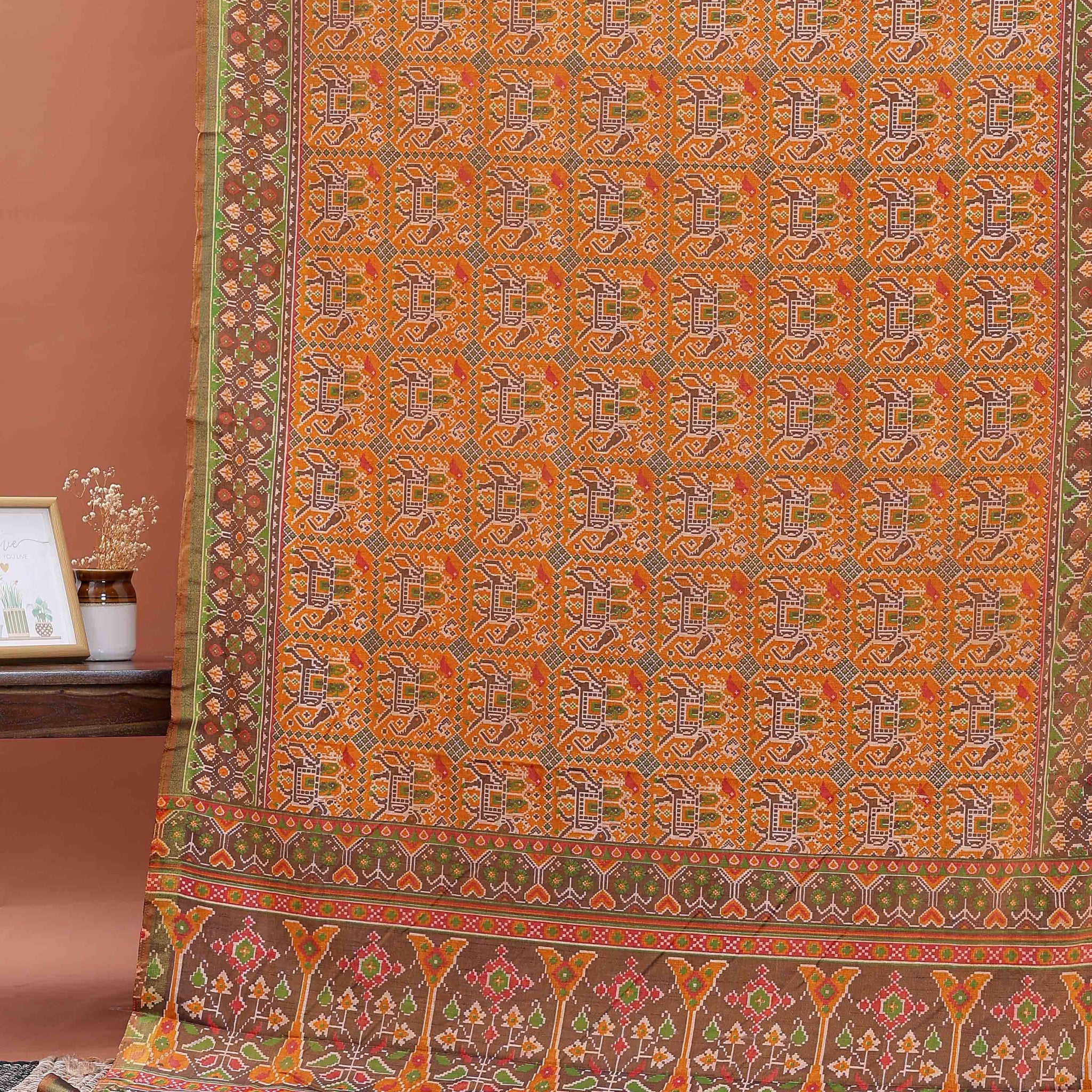 Handloom Patola Semi-Silk Saree with Traditional Geometric and Floral Weave - Orange