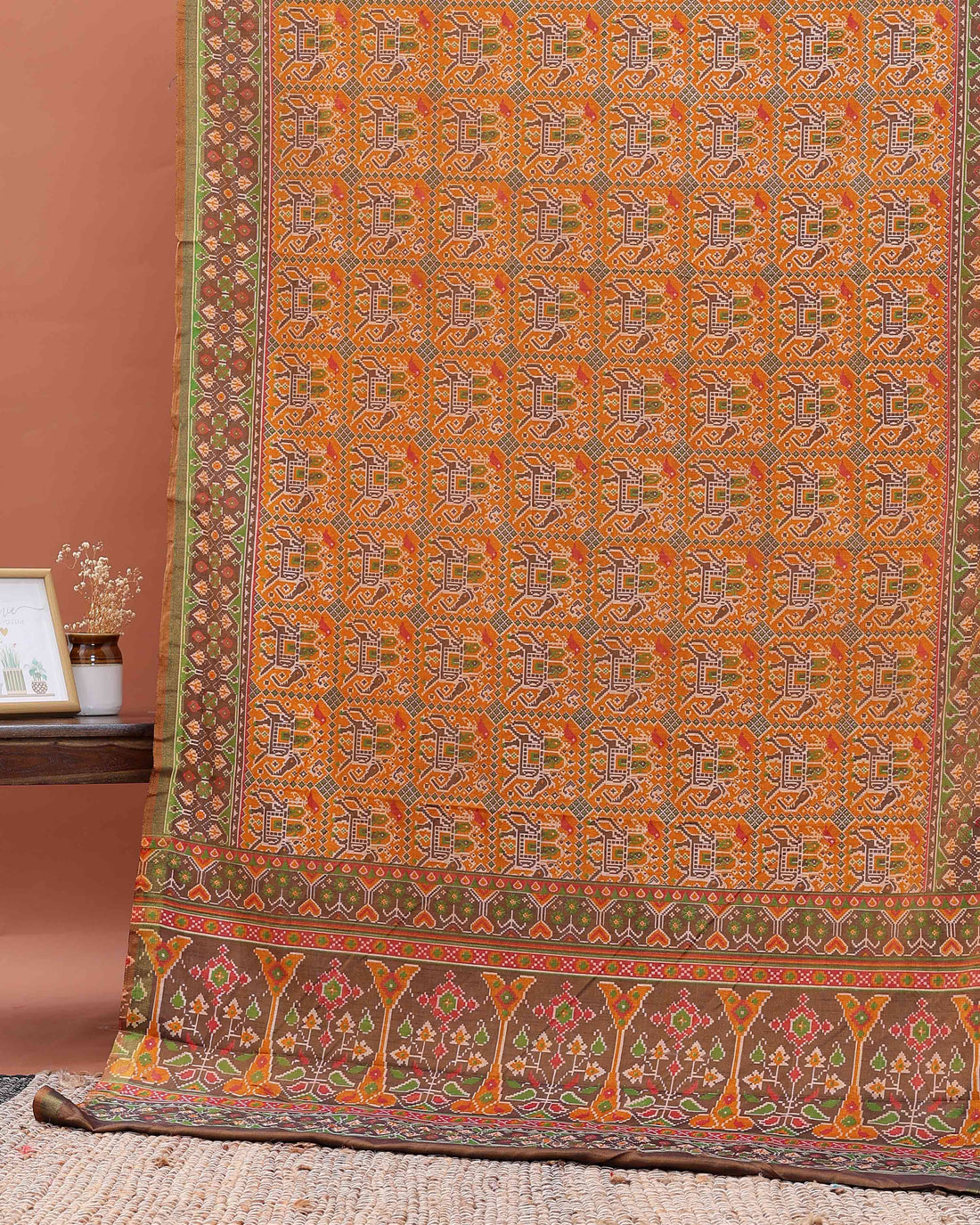 Handloom Patola Semi-Silk Saree with Traditional Geometric and Floral Weave - Orange