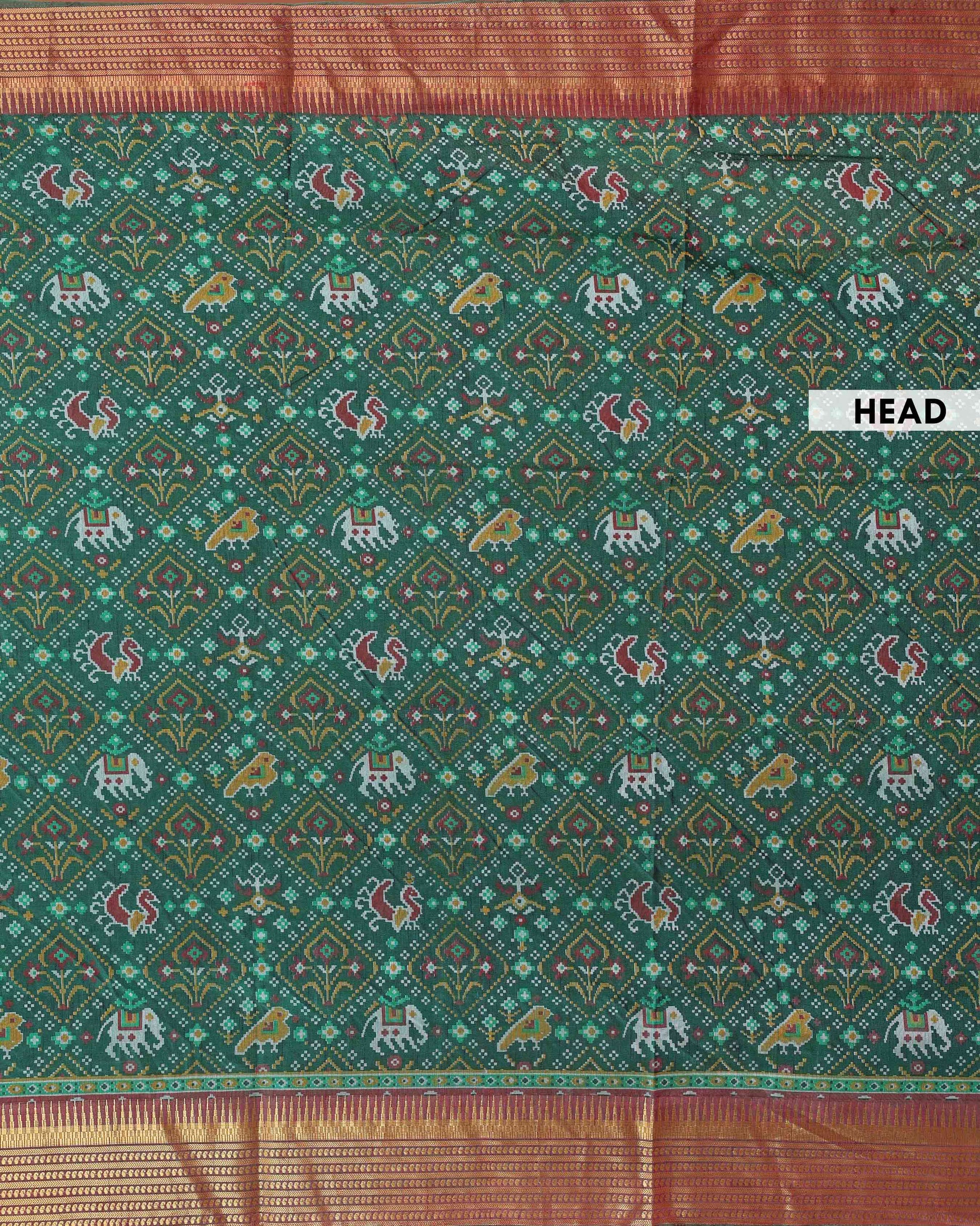 Handloom Patola Semi Silk Saree with Geometric and Floral Ikkat Motifs - Green-pallu-head