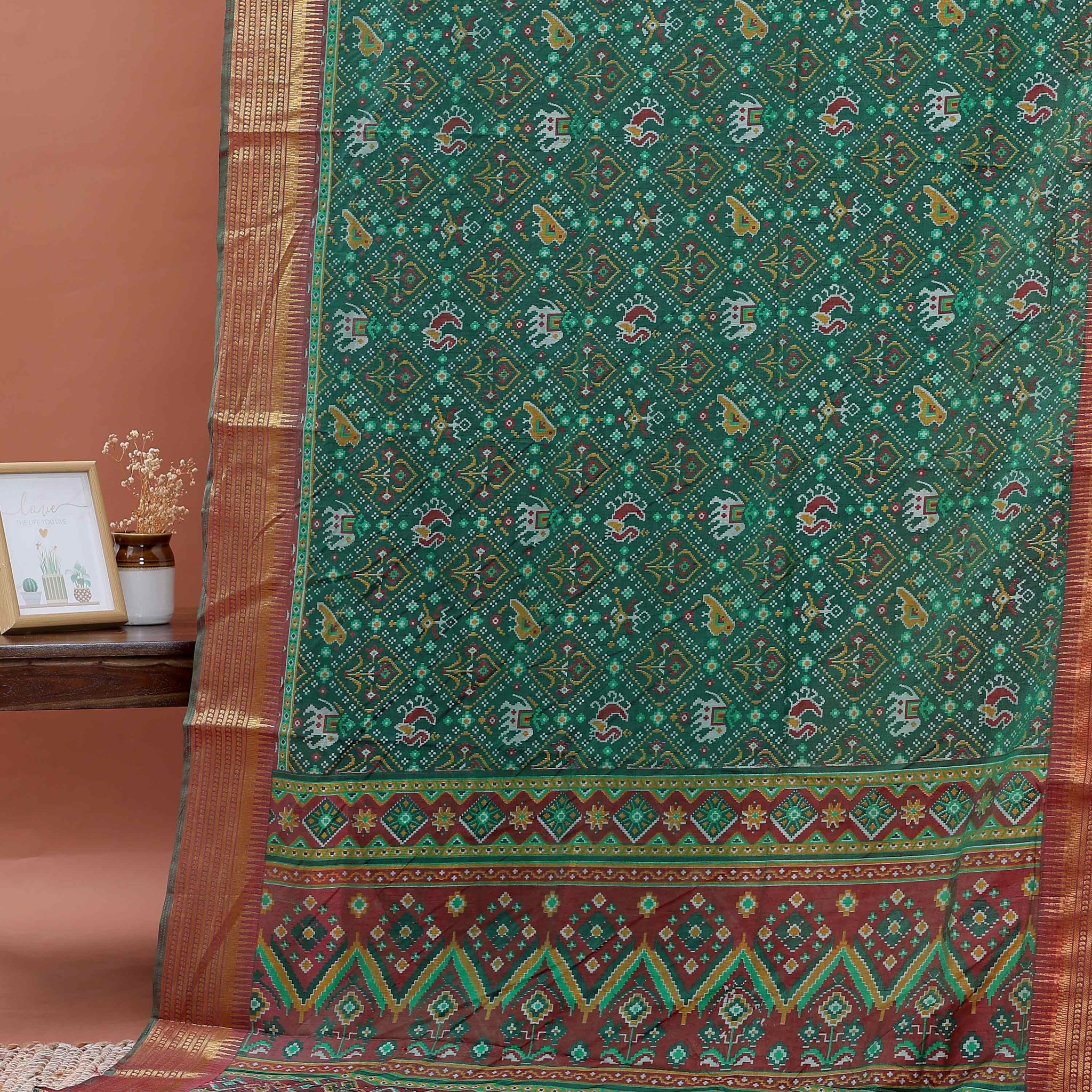 Handloom Patola Semi Silk Saree with Geometric and Floral Ikkat Motifs - Green