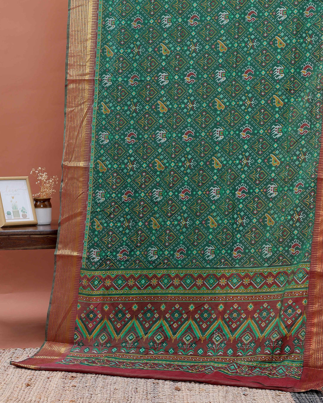 Handloom Patola Semi Silk Saree with Geometric and Floral Ikkat Motifs - Green