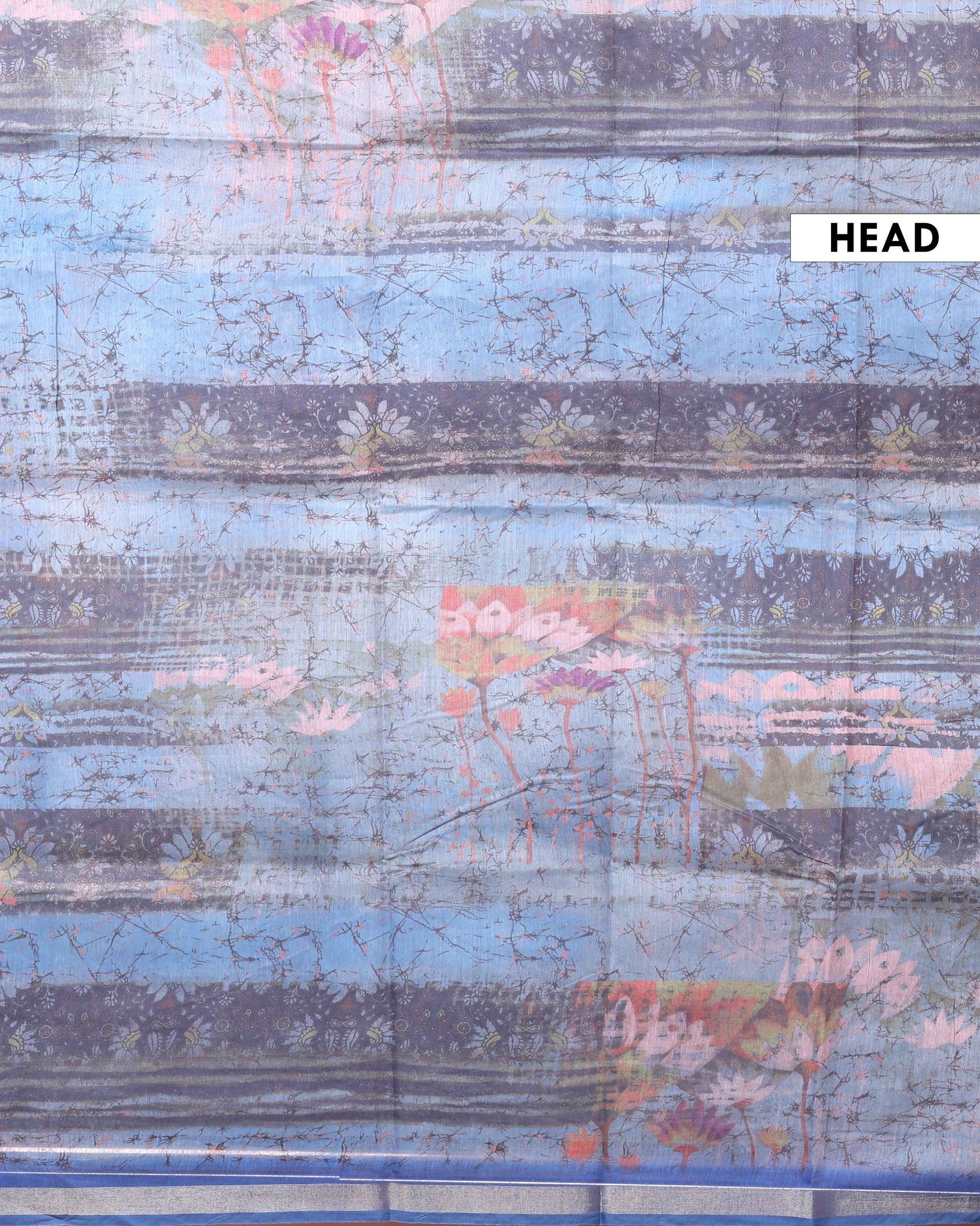 Handloom Printed Semi-Silk Saree with Floral and Striped Motifs - Multi-Head