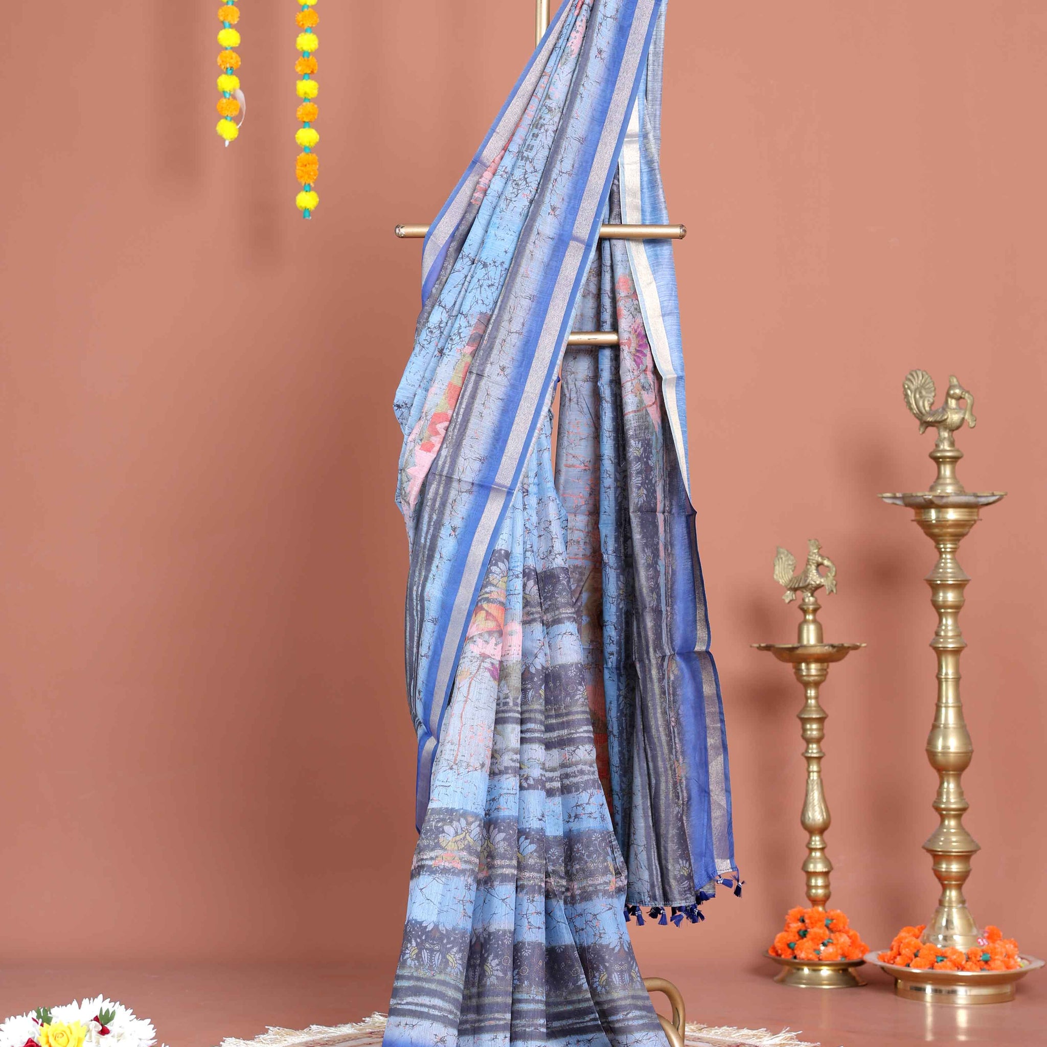Handloom Printed Semi-Silk Saree with Floral and Striped Motifs - Multi