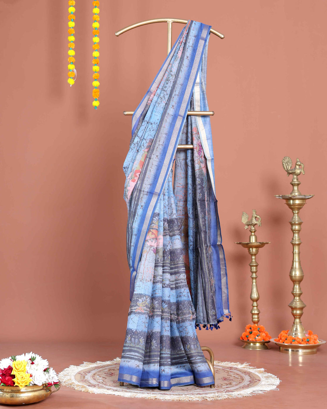 Handloom Printed Semi-Silk Saree with Floral and Striped Motifs - Multi