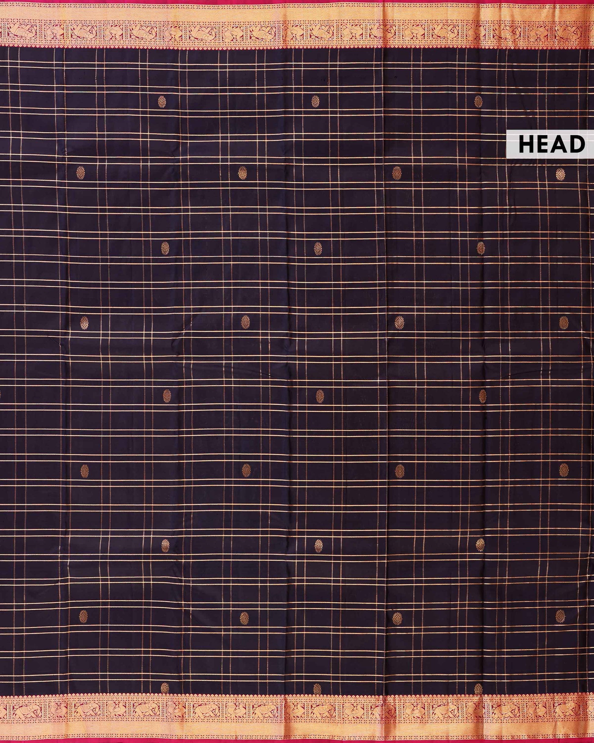 Elegant Handloom Pure Kanchipuram Silk Saree with Zari Checks and Traditional Korvai Border - Navy Blue-Head