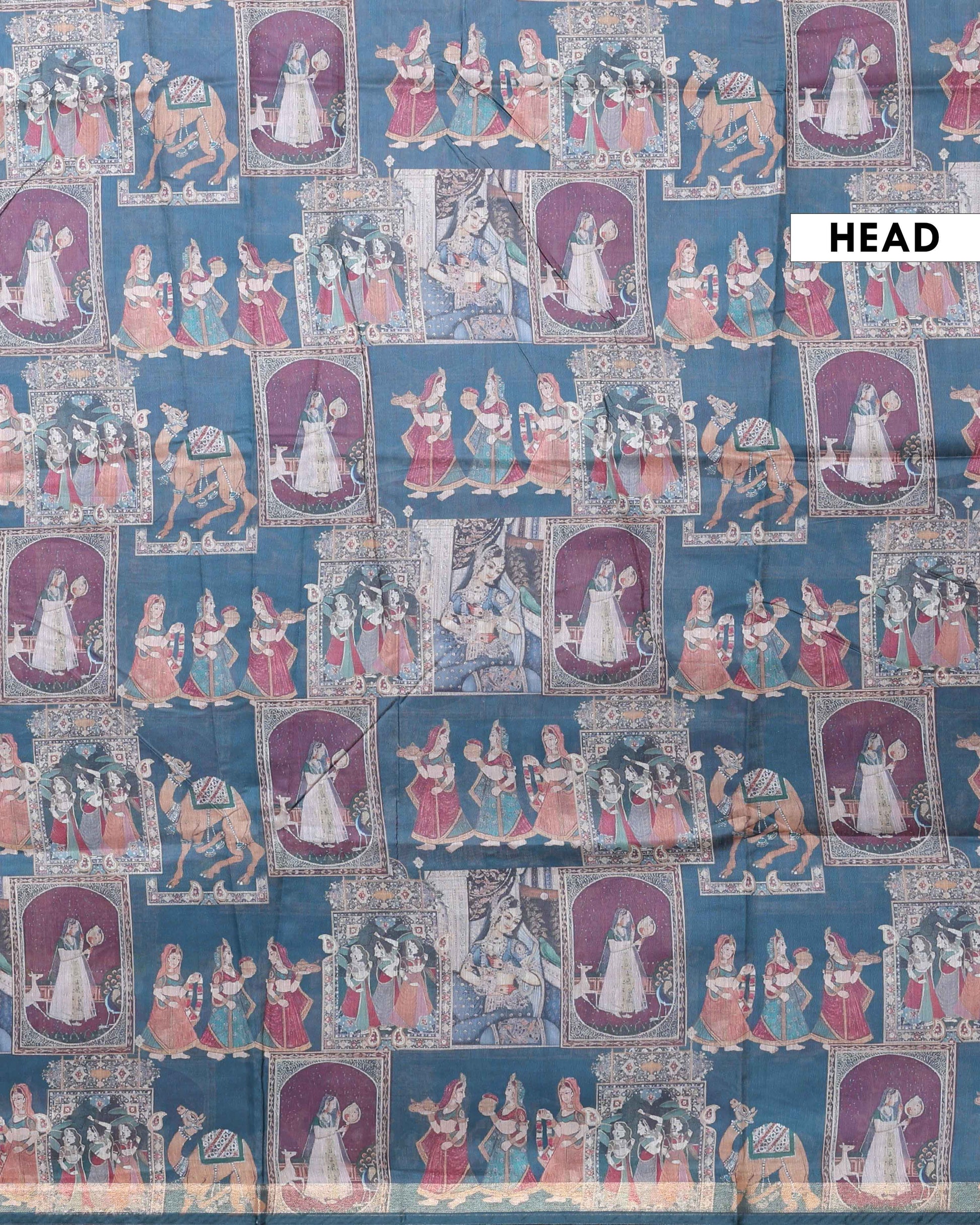 Handloom Semi-Silk Kalamkari Printed Saree with Traditional Motifs - Teal-Head