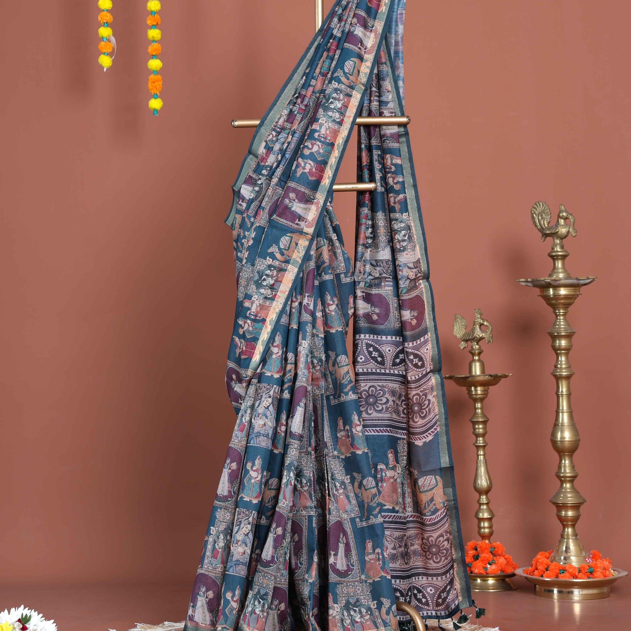 Handloom Semi-Silk Kalamkari Printed Saree with Traditional Motifs - Teal