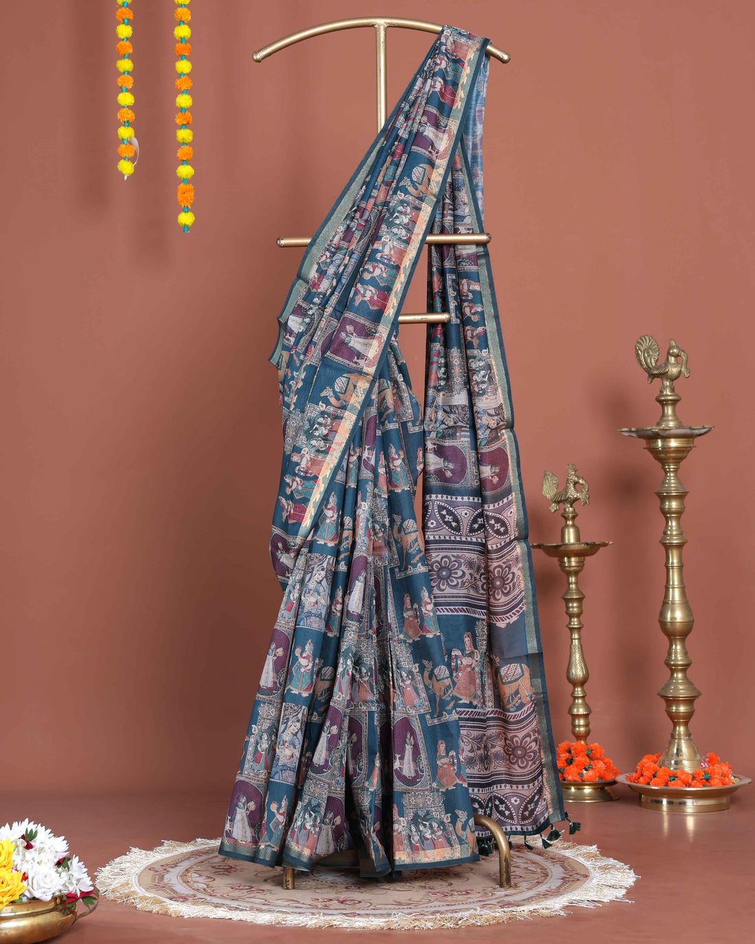 Handloom Semi-Silk Kalamkari Printed Saree with Traditional Motifs - Teal