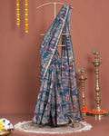 Handloom Semi-Silk Kalamkari Printed Saree with Traditional Motifs - Teal