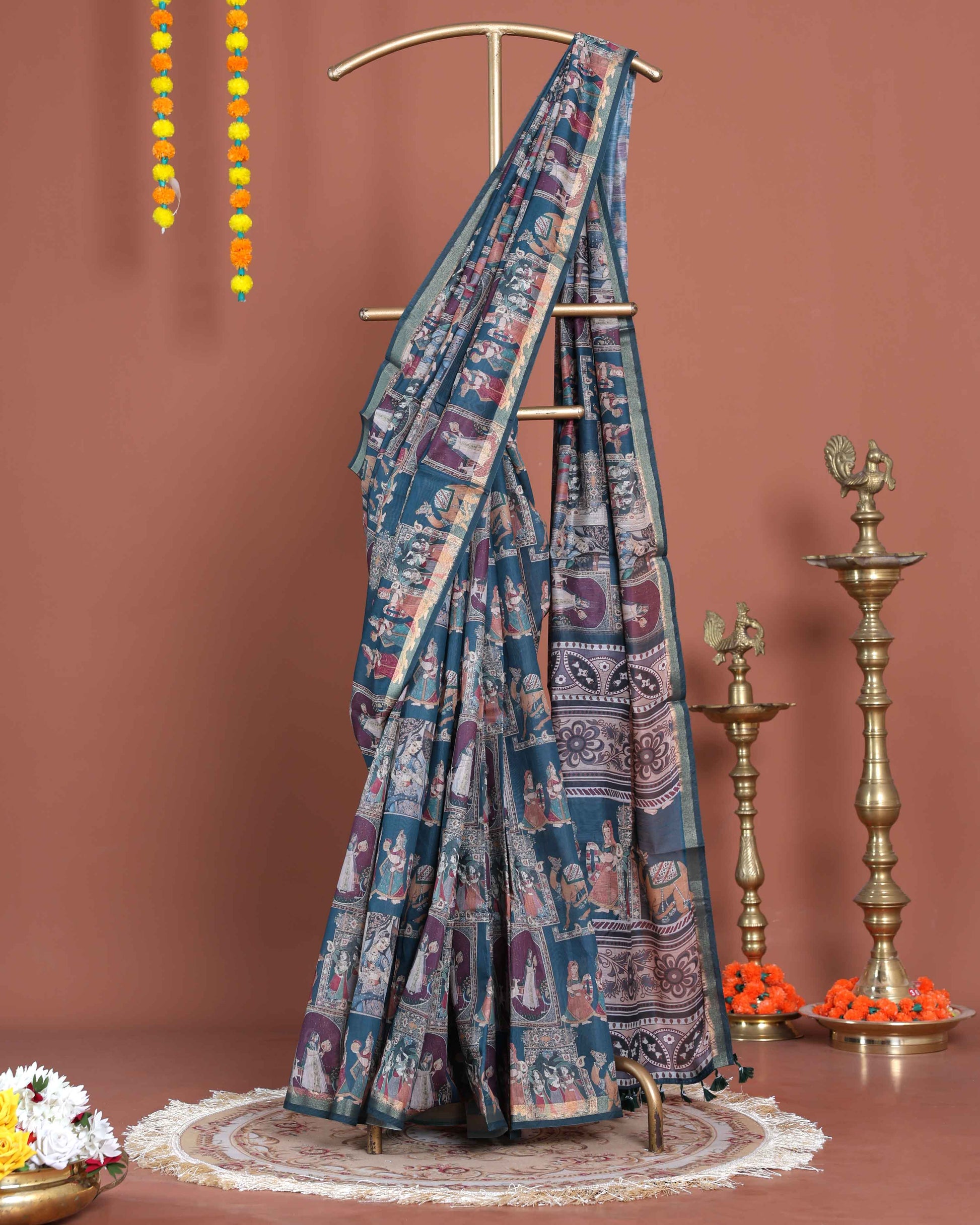 Handloom Semi-Silk Kalamkari Printed Saree with Traditional Motifs - Teal