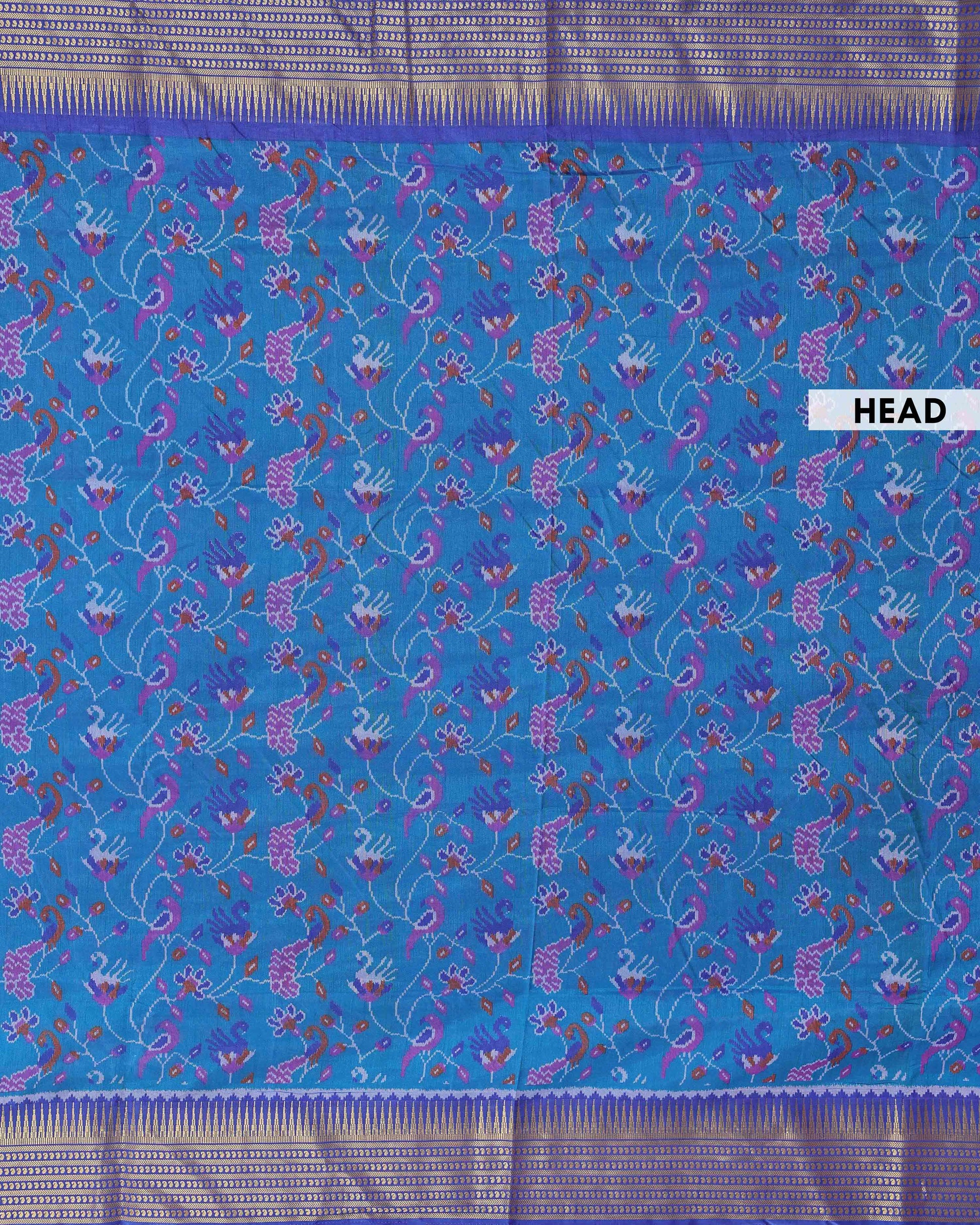 Handloom Semi Patola Silk Saree with Ikkat and Peacock Motif Border - Blue-pallu