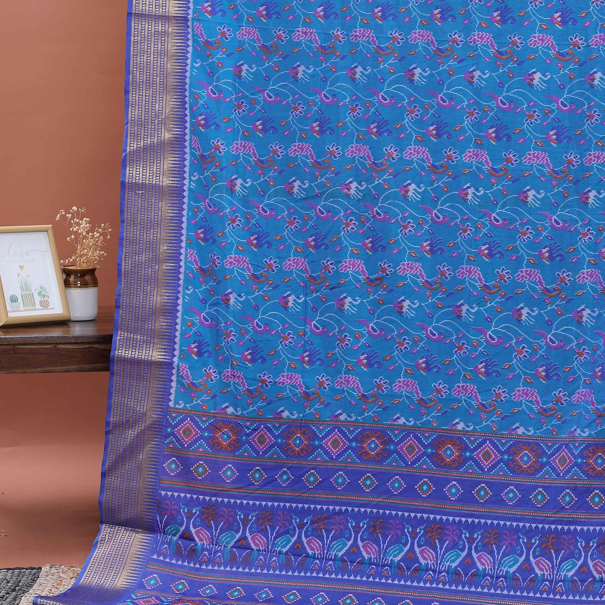 Handloom Semi Patola Silk Saree with Ikkat and Peacock Motif Border - Blue