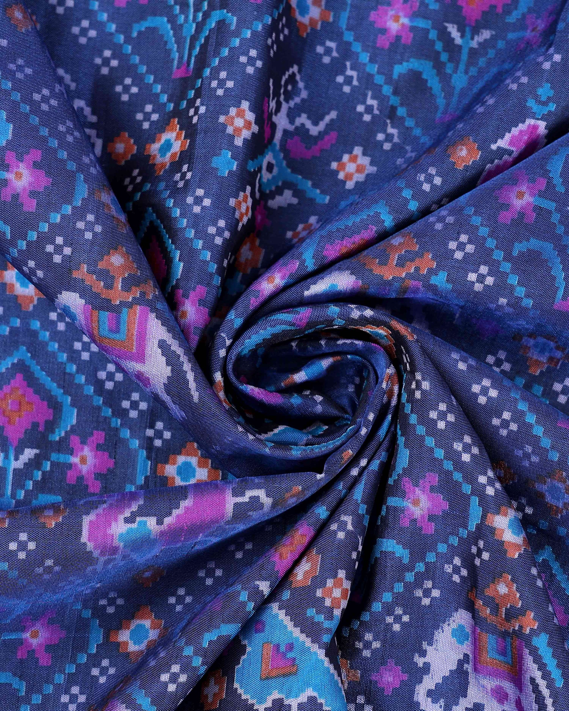 Handloom Semi Patola Silk Saree with Traditional Ikat Motifs and Zari Border - Blue-close