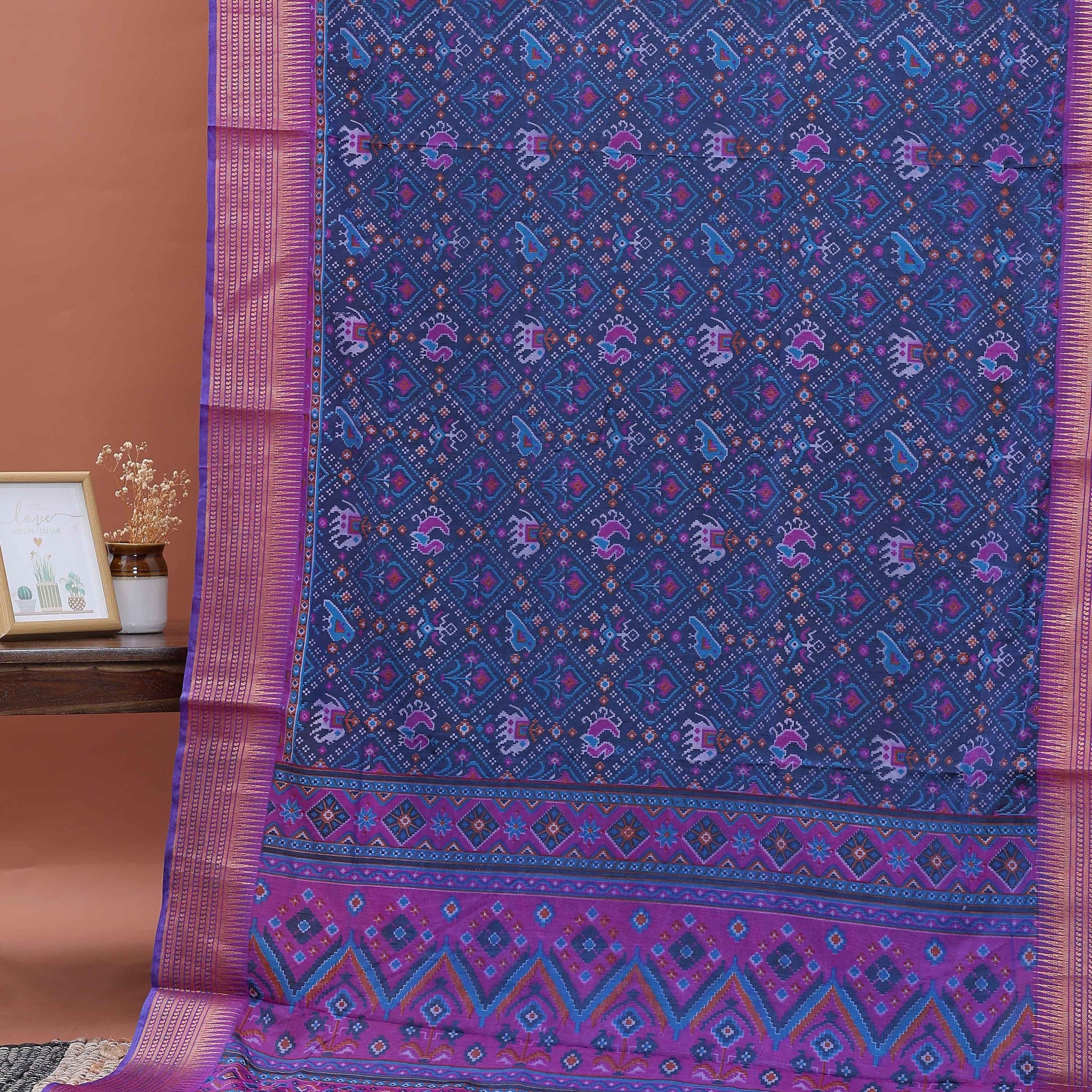 Handloom Semi Patola Silk Saree with Traditional Ikat Motifs and Zari Border - Blue