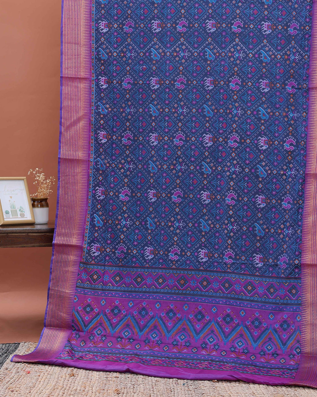 Handloom Semi Patola Silk Saree with Traditional Ikat Motifs and Zari Border - Blue