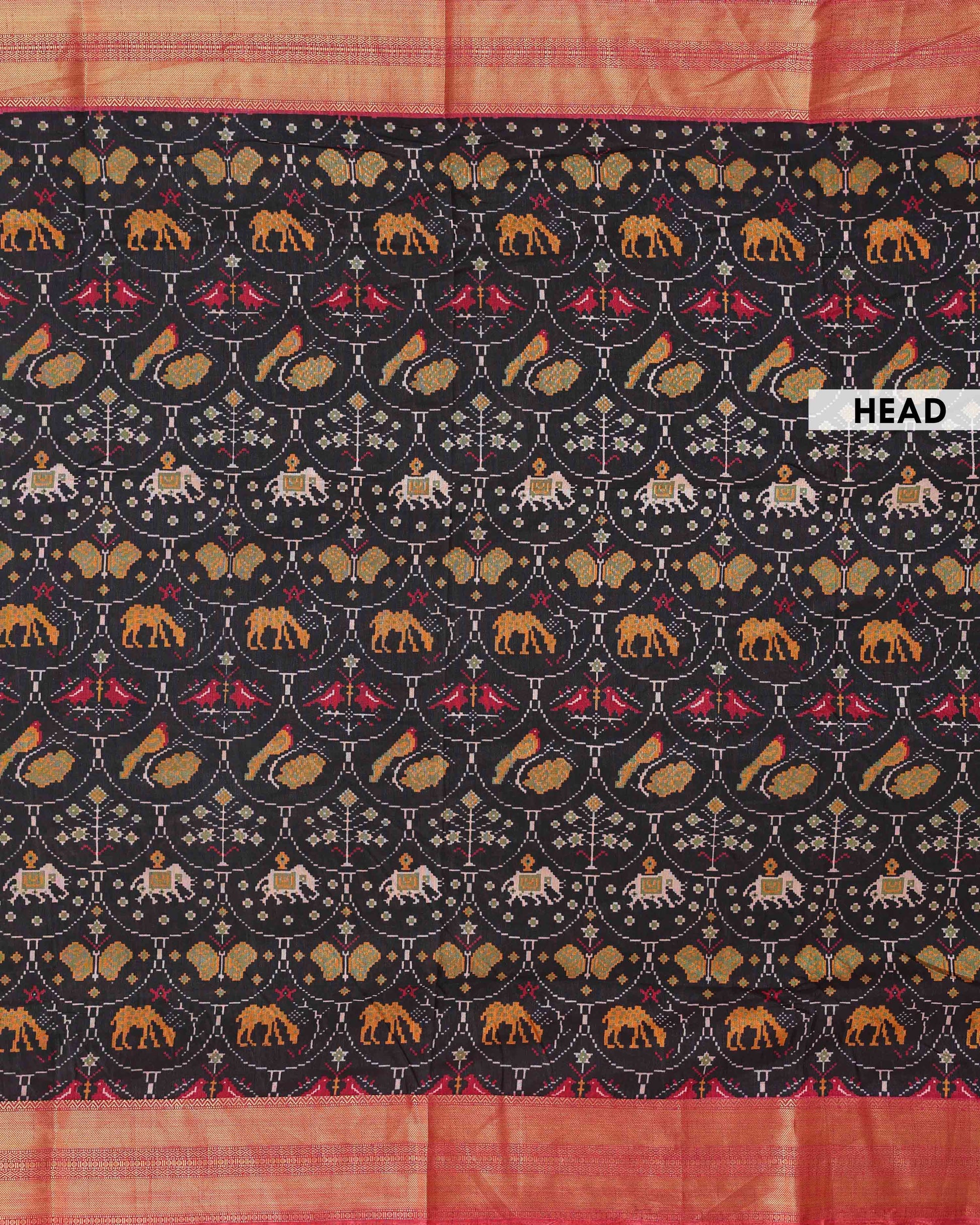 Handloom Semi Patola Silk Saree with Traditional Ikkat Motifs and Zari Border - Black-head