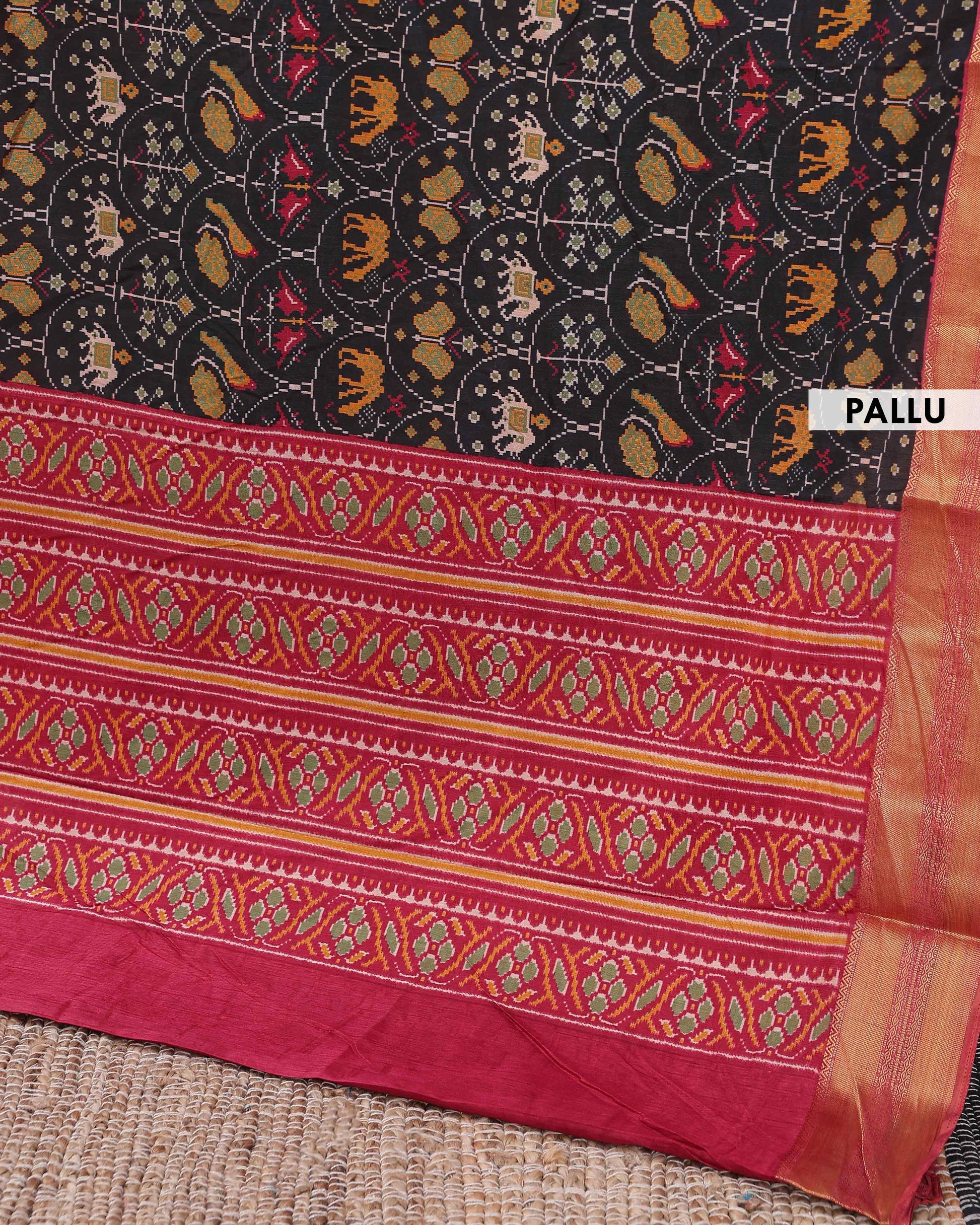 Handloom Semi Patola Silk Saree with Traditional Ikkat Motifs and Zari Border - Black-pallu