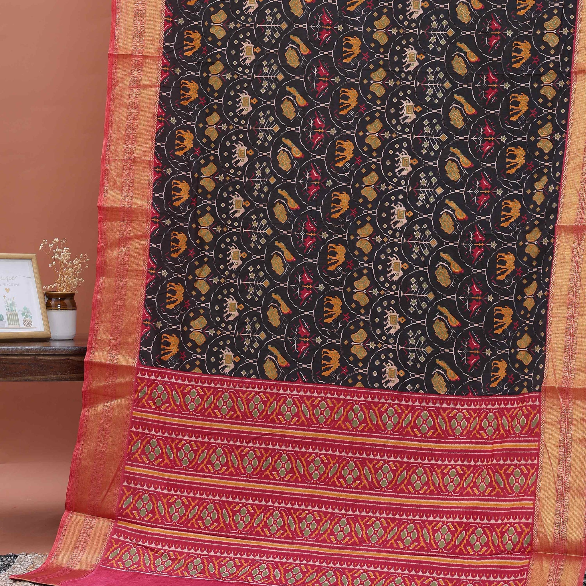 Handloom Semi Patola Silk Saree with Traditional Ikkat Motifs and Zari Border - Black
