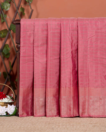 
Handloom Soft Silk Saree with Woven Checkered Pattern and Zari Border - Pink
