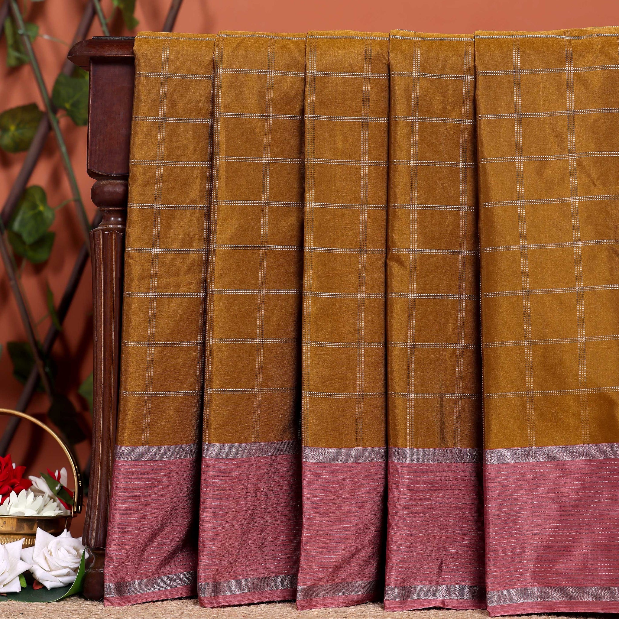 Handloom Soft Silk Saree with Woven Checks and Contrast Border - Brown