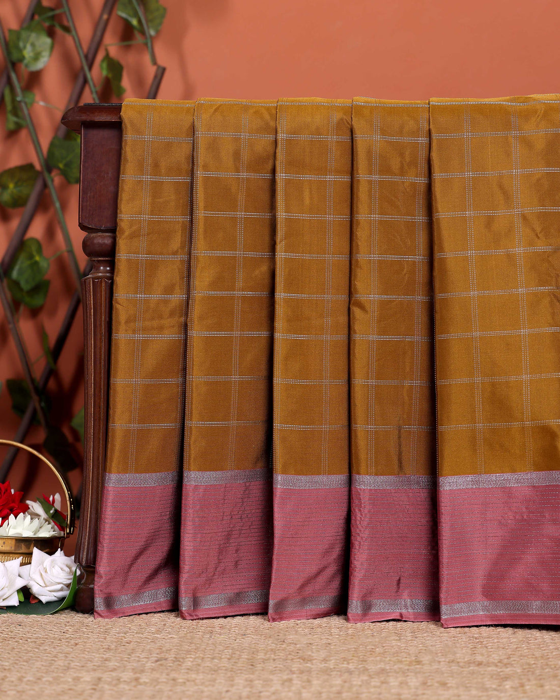 Handloom Soft Silk Saree with Woven Checks and Contrast Border - Brown