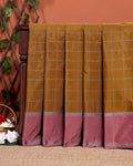 Handloom Soft Silk Saree with Woven Checks and Contrast Border - Brown
