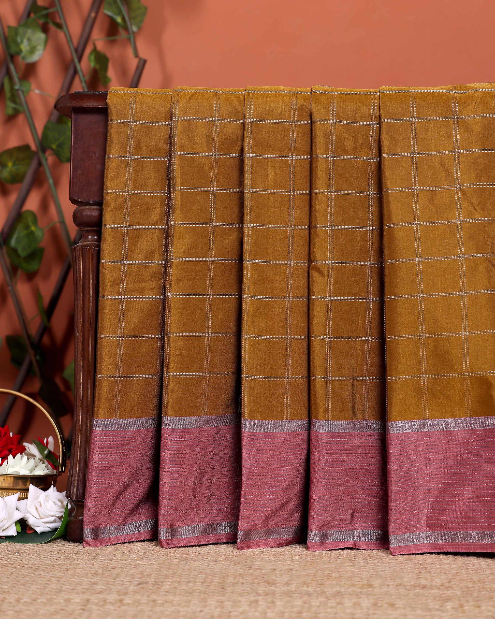 Handloom Soft Silk Saree with Woven Checks and Contrast Border - Brown