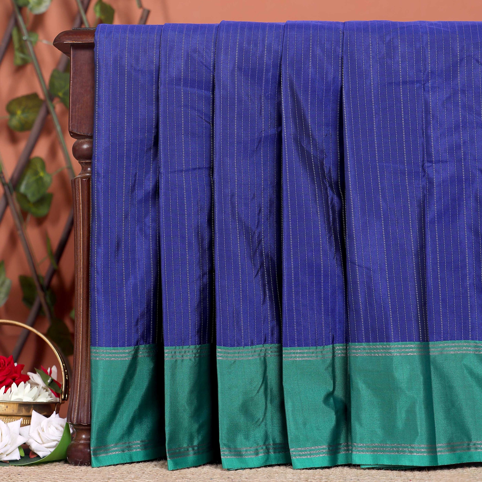 Handloom Soft Silk Saree with Zari-Woven Striped Body and Temple Border - Dark Blue