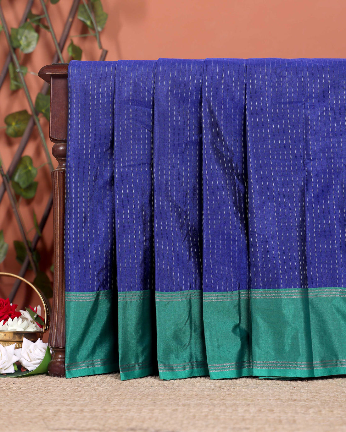Handloom Soft Silk Saree with Zari-Woven Striped Body and Temple Border - Dark Blue