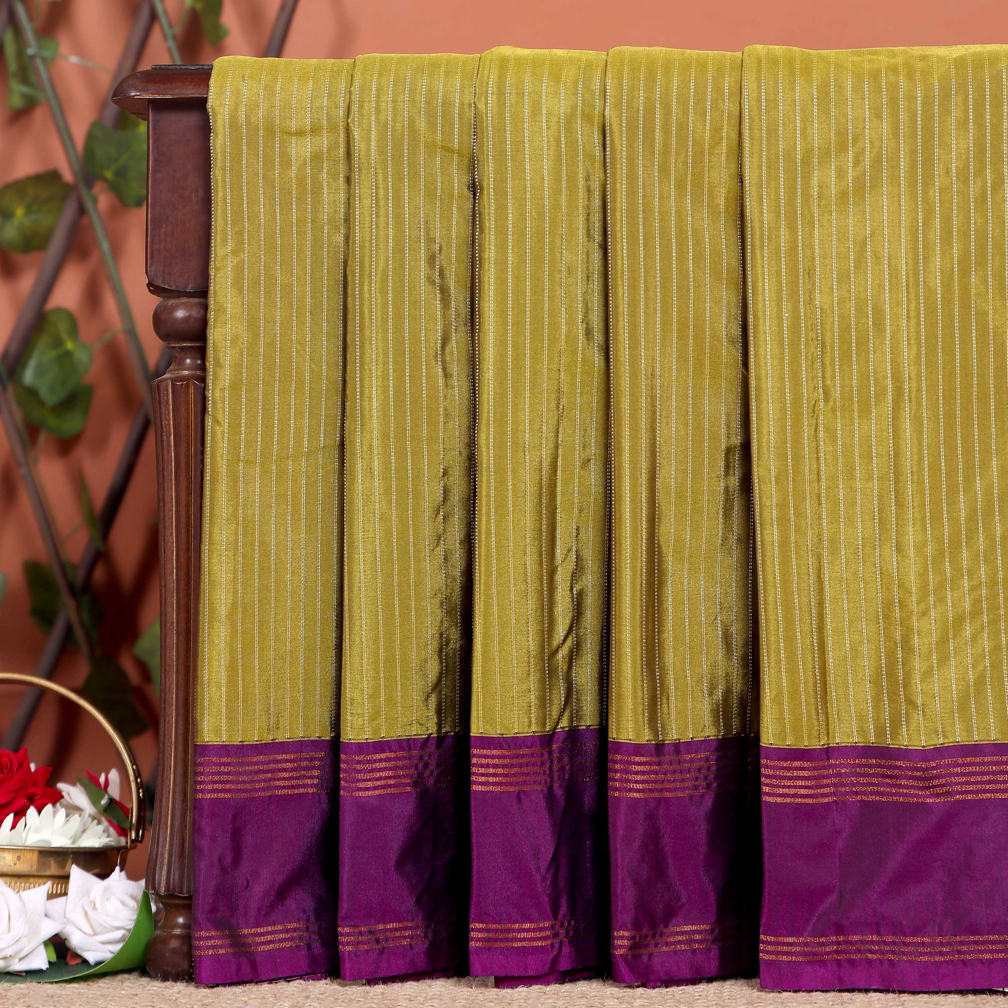 Handloom Soft Silk Saree with Zari-Woven Striped Body and Temple Border - Olive Green