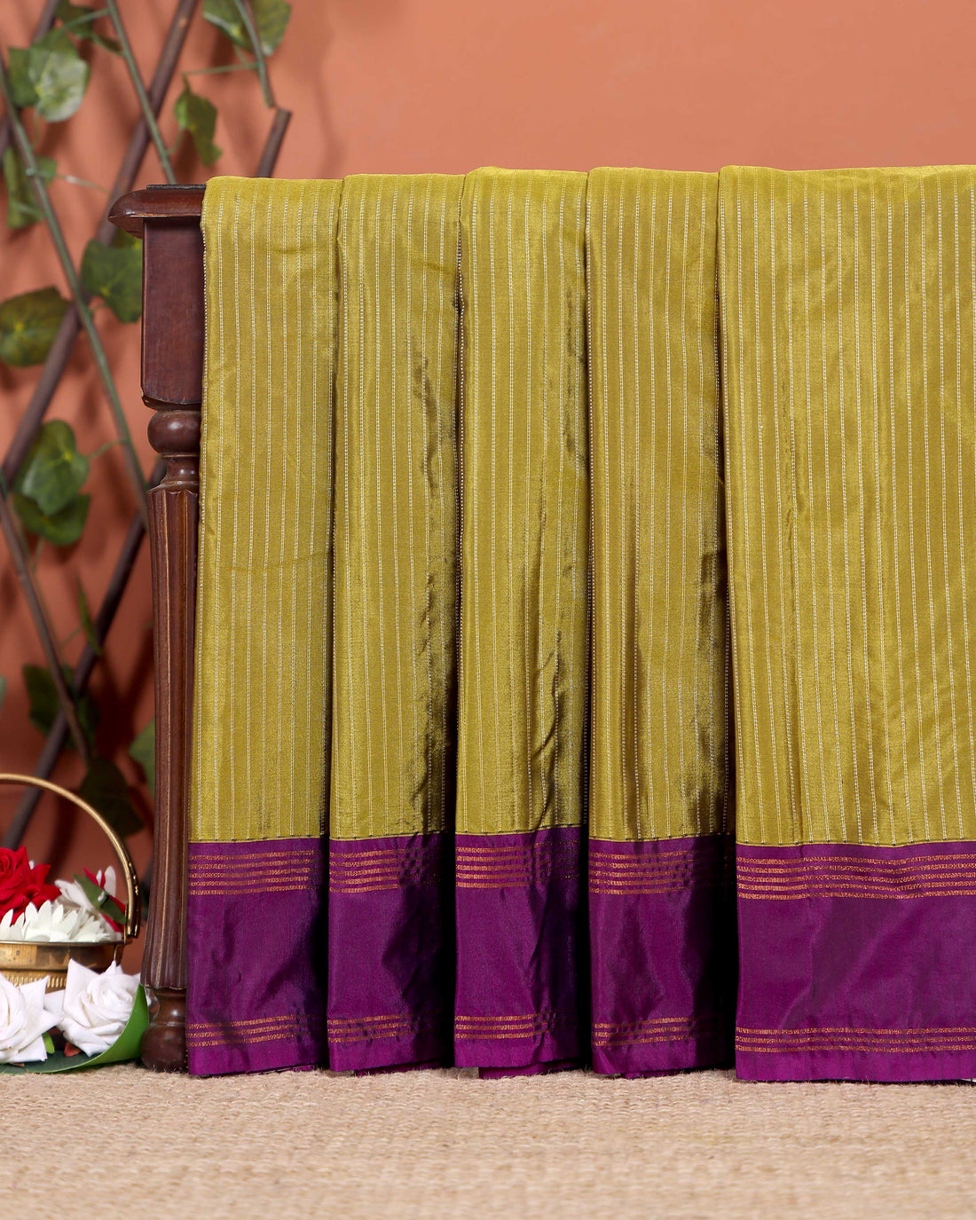 Handloom Soft Silk Saree with Zari-Woven Striped Body and Temple Border - Olive Green