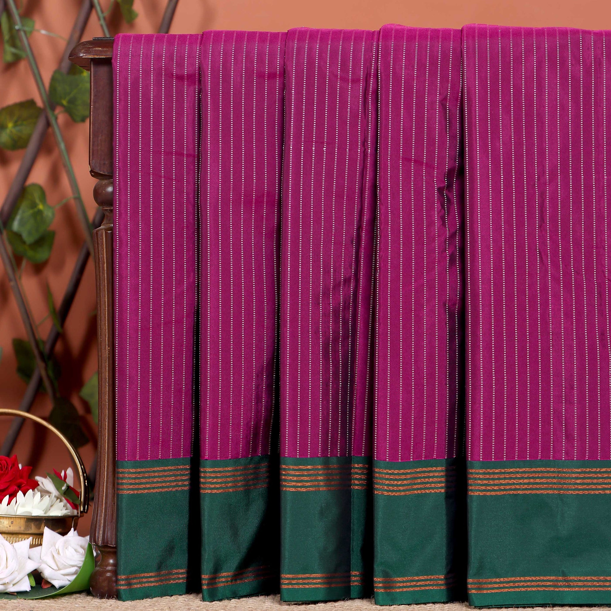 Handloom Soft Silk Saree with Zari-Woven Striped Body and Temple Border - Purple