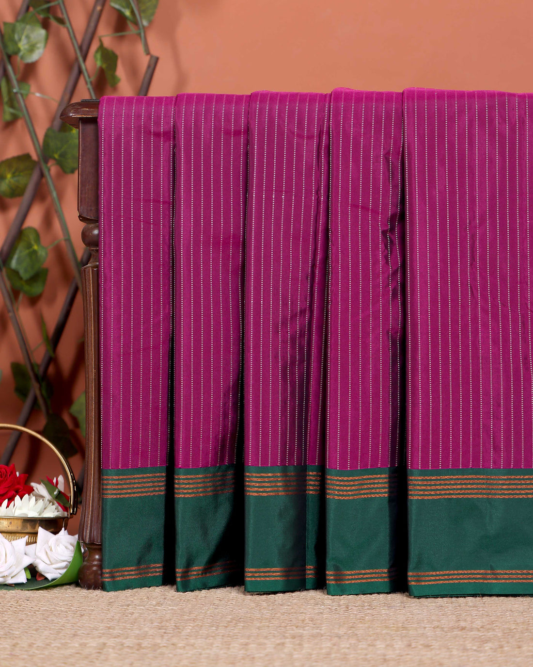 Handloom Soft Silk Saree with Zari-Woven Striped Body and Temple Border - Purple