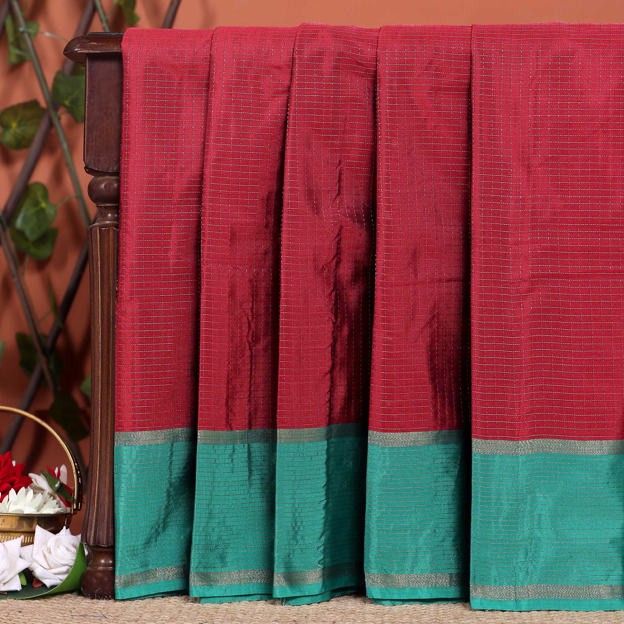 Handloom Soft Silk Saree with Zari Checks and a Contrast Border - Maroon