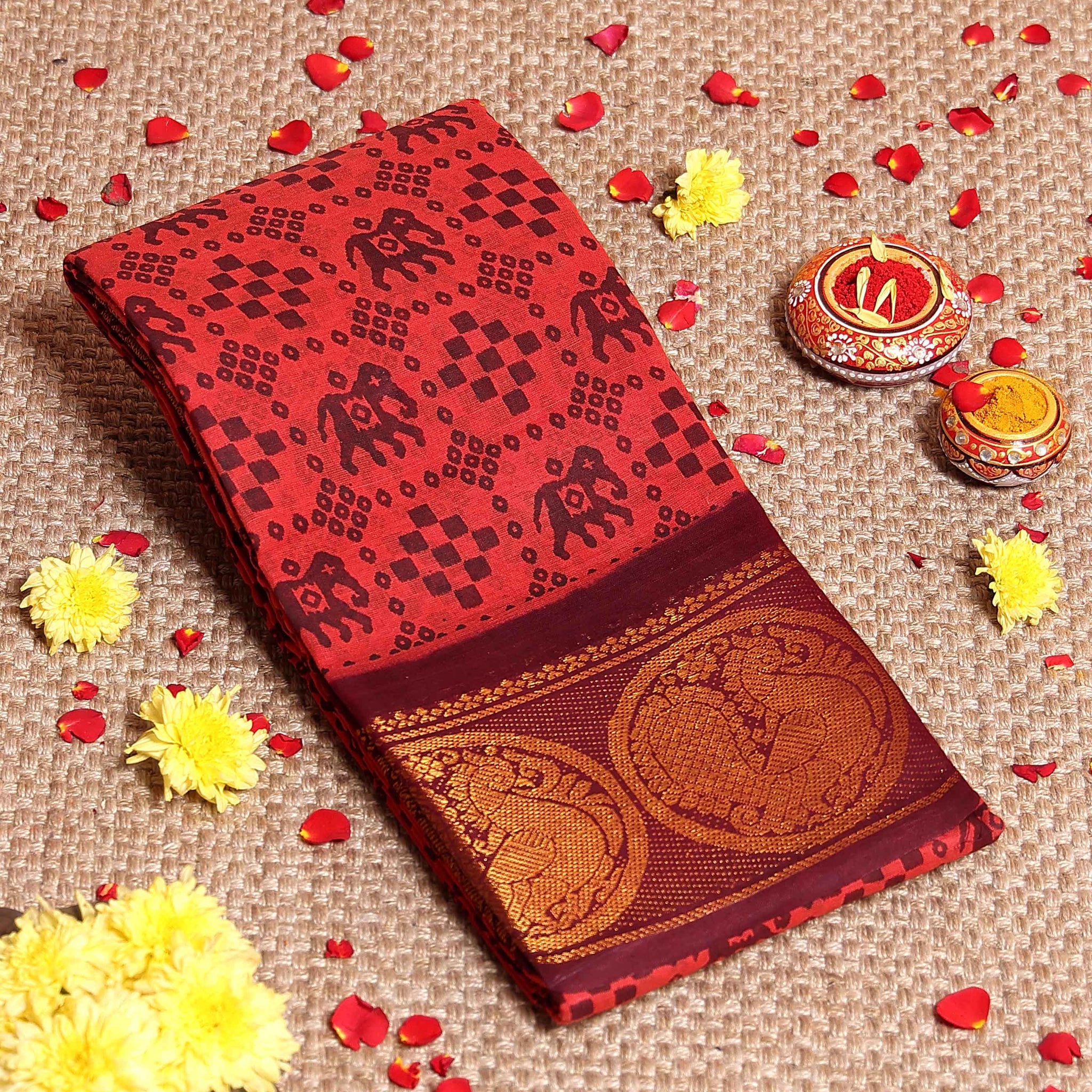 Handloom Sungudi Cotton Saree with Elephant Motif Print and Elegant Zari Woven Border - Red