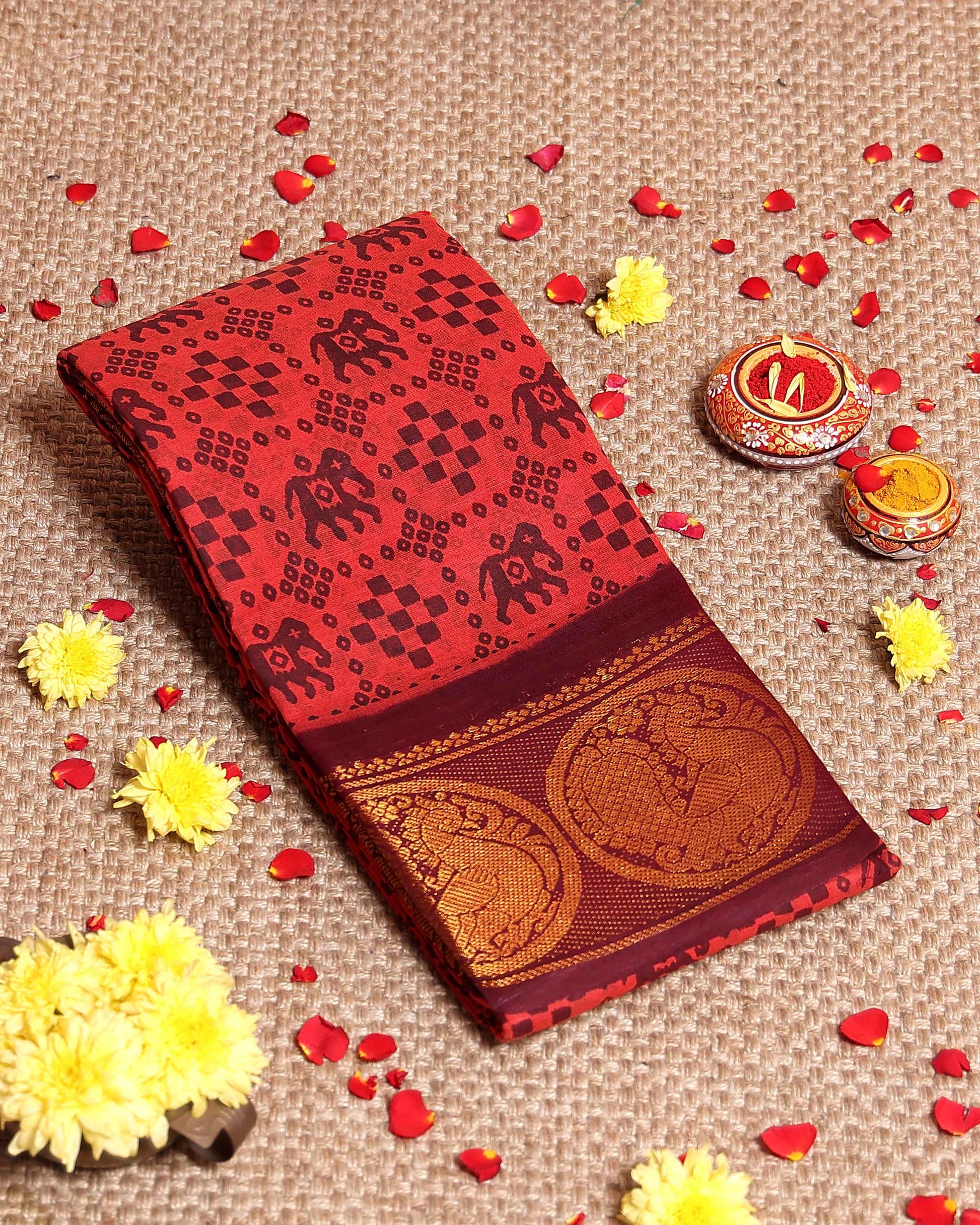 Handloom Sungudi Cotton Saree with Elephant Motif Print and Elegant Zari Woven Border - Red