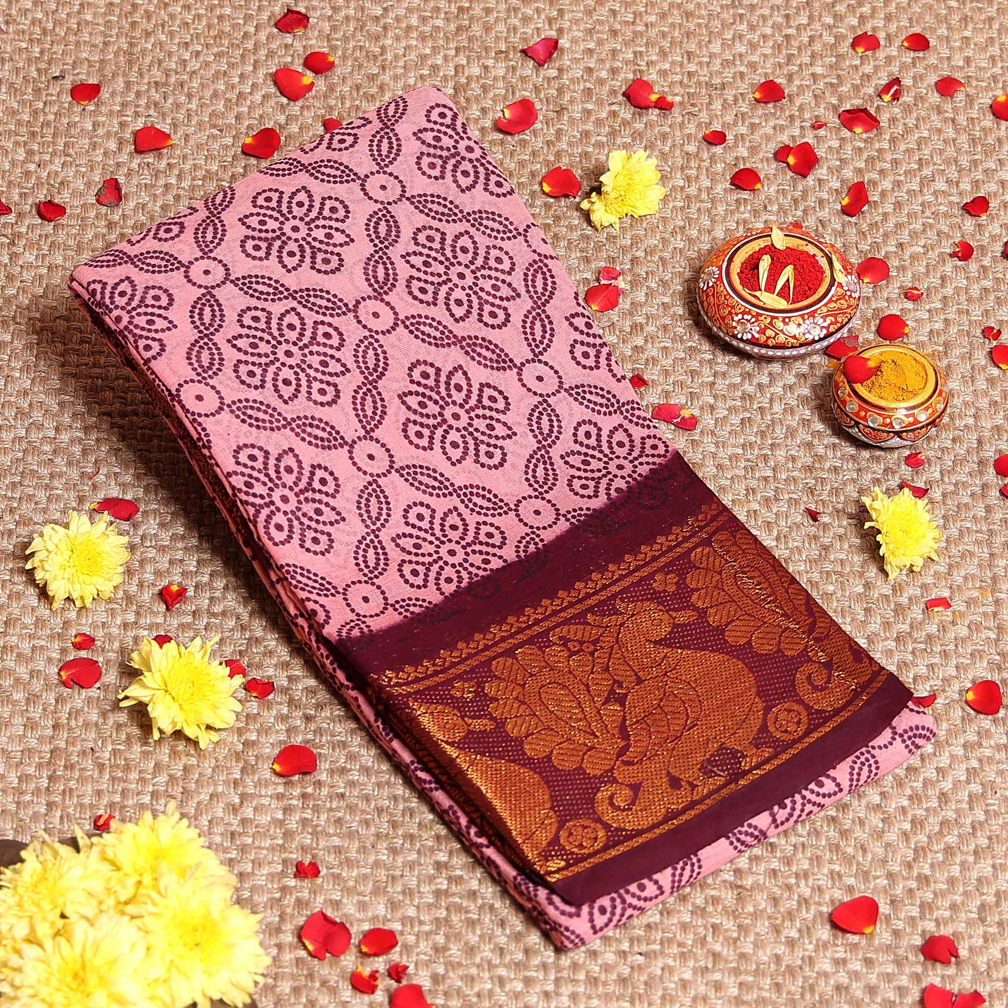 Handloom Sungudi Cotton Saree with Floral Dot Pattern and Grand Zari Peacock Border - Pink 