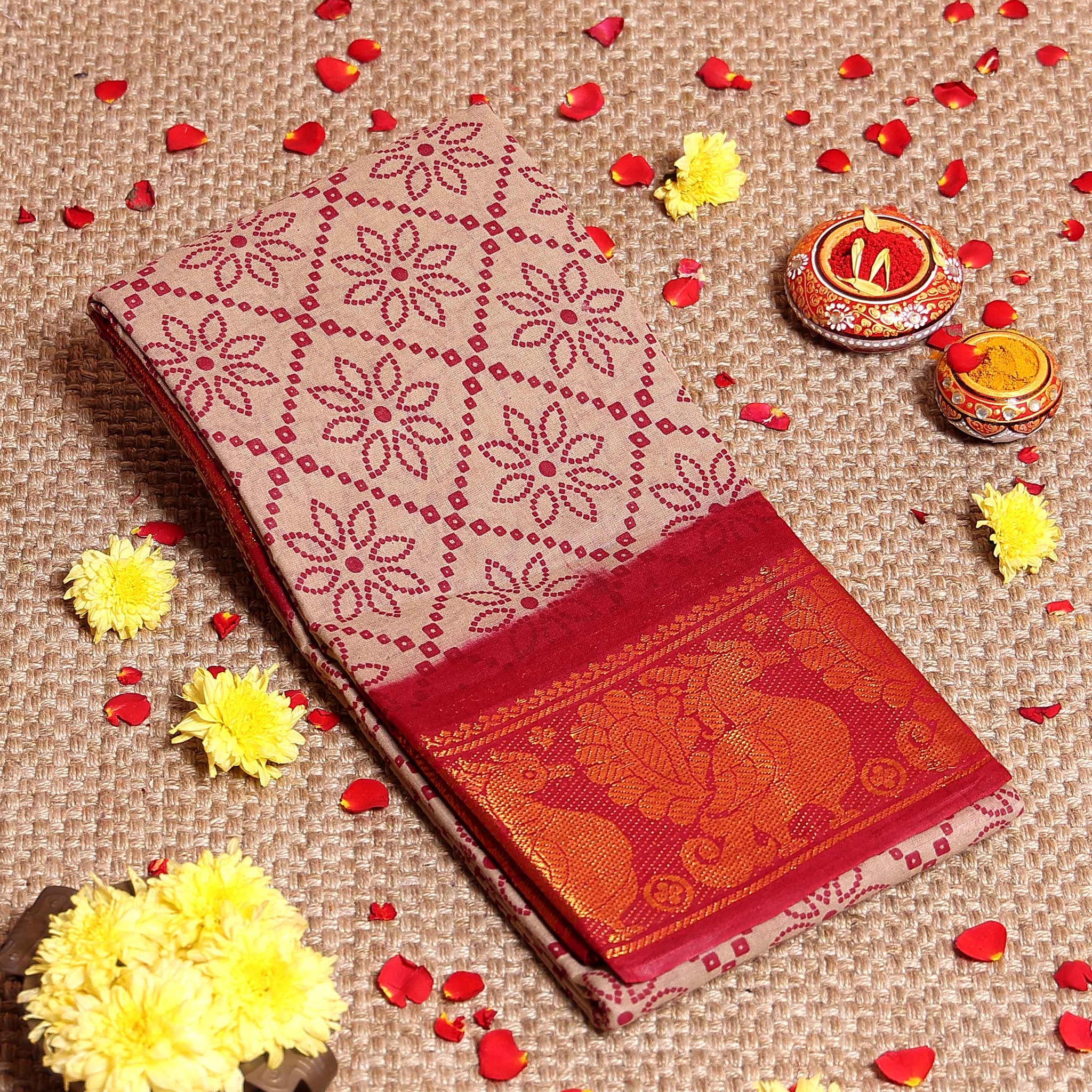 Handloom Sungudi Cotton Saree with Floral Dot Pattern and Grand Zari Peacock Border - Sandal