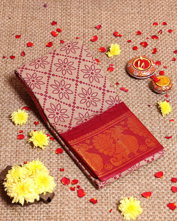 Handloom Sungudi Cotton Saree with Floral Dot Pattern and Grand Zari Peacock Border - Sandal