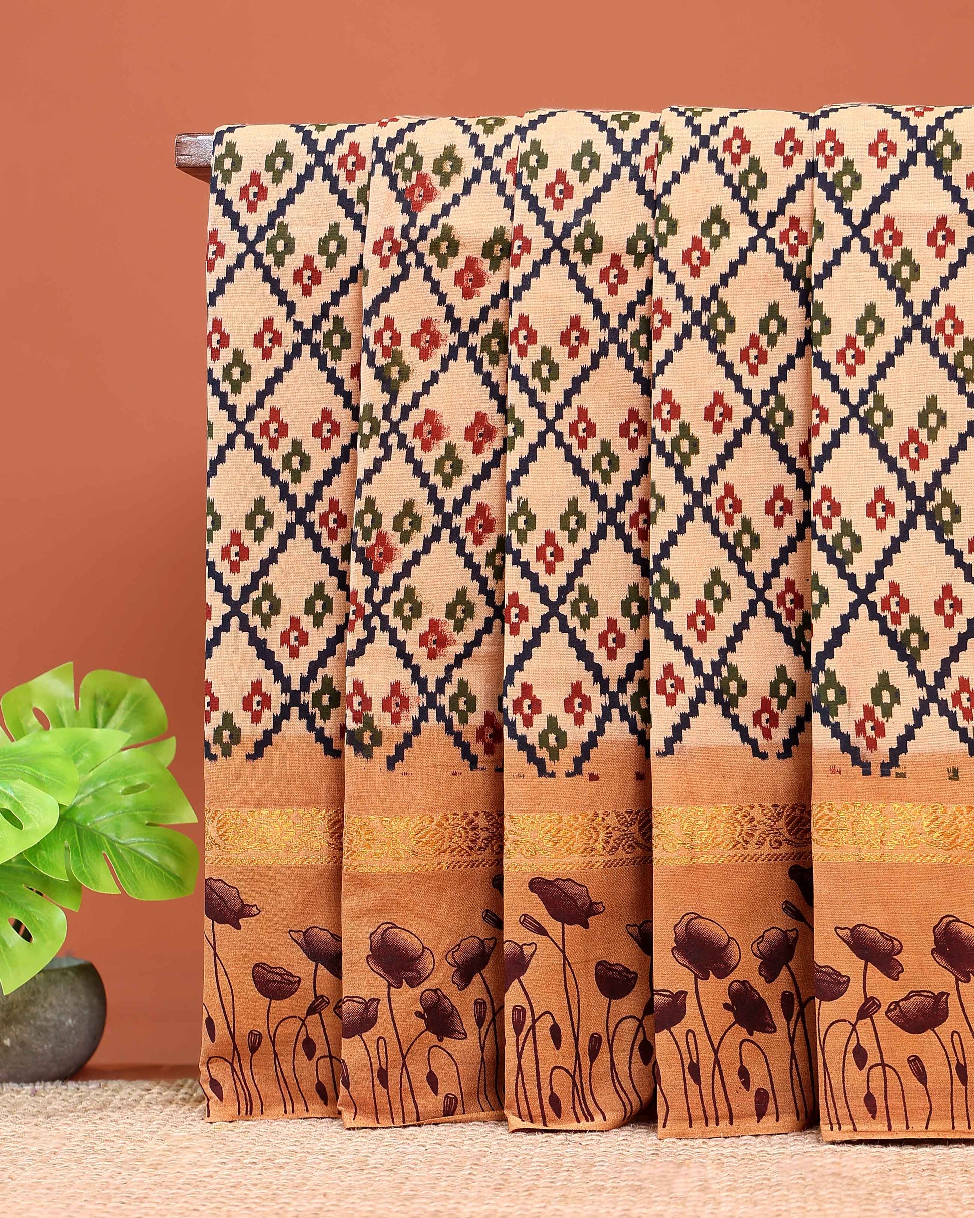 Handloom Sungudi Cotton Saree with Geometric Diamond Pattern & Floral Border - Sandal