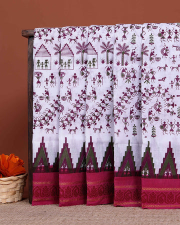 Handloom Sungudi Cotton Saree with Intricate Warli Tribal Print and Contrasting Geometric Border Design - Off White